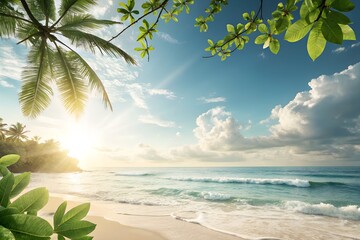 Sunny Summer Background with Tropical Elements – Photorealistic, Clean, Text-Friendly Composition