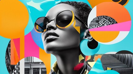 illustration of a female African model wearing sunglasses, overlap monochrome black and white and color, palm trees, holiday vibes
