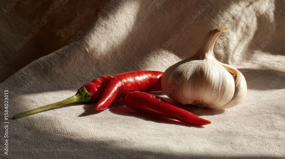Poster vibrant red chili and garlic on a clean cloth surface casting sharp shadows in a natural light setti