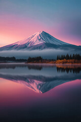 Pink And Blue Snowcapped Mountain Reflection In Calm Water