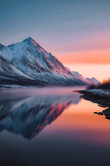 Pink And Blue Snowcapped Mountain Reflection In Calm Water