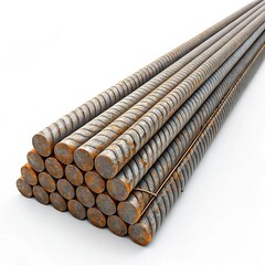 Rustic Steel Rebar Bundles on White Background – Industrial Construction Rods, 16K Resolution