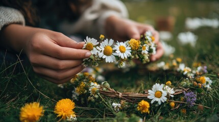Hands crafting flower crown in grassy meadow