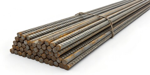 Rustic Steel Rebar Bundles on White Background – Industrial Construction Rods, 16K Resolution