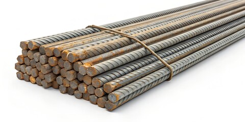 Rustic Steel Rebar Bundles on White Background – Industrial Construction Rods, 16K Resolution