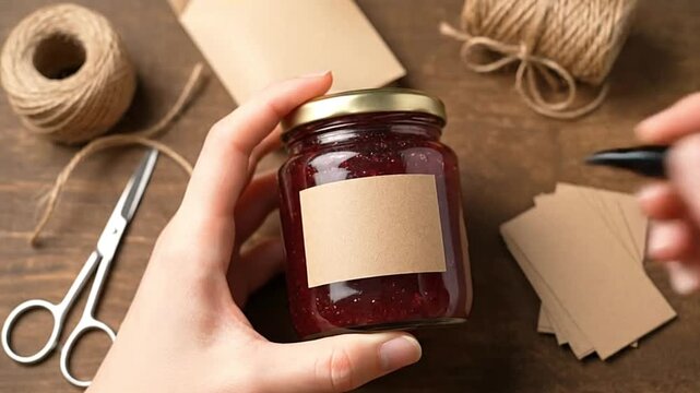 A hand holds a jam jar with a brown label amidst twine scissors blank cards and a marker on a wooden surface
