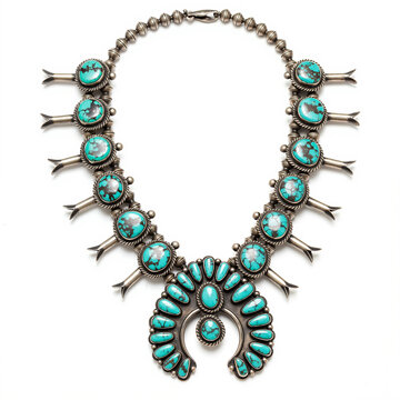 North American Indigenous Squash blossom necklace with turquoise stones, sterling silver, vintage jewelry, macro photography, rich cultural details, Isolated on white background