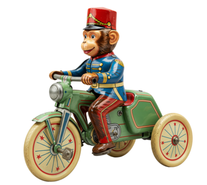 Vintage tin toy tricycle with monkey soldier, colorful retro details, transparent background PNG