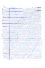 Crumbled lined loose leaf notebook paper ripped rectangle isolated on white
