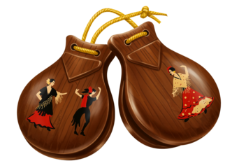 Wooden castanets decorated with Spanish flamenco dancers, traditional musical instrument, transparent background PNG