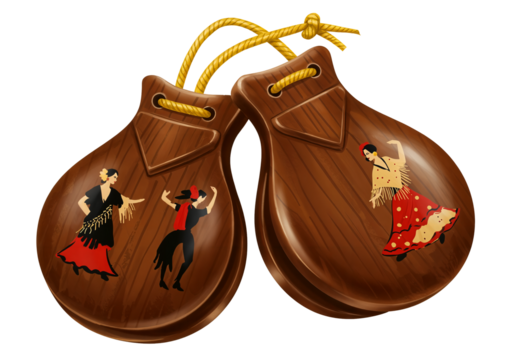 Wooden castanets decorated with Spanish flamenco dancers, traditional musical instrument, transparent background PNG
