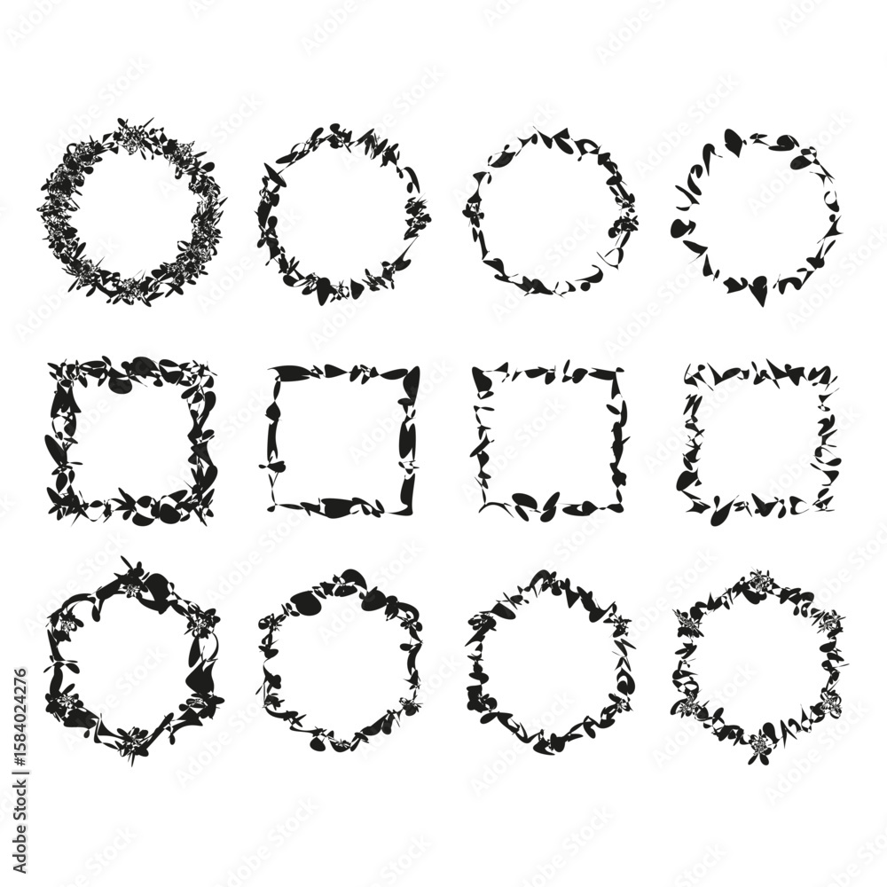 Poster vector frames collection. dotted border shapes. grunge decorative elements. circle square contours.