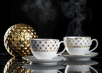 Elegant tea cups with gold accents and a decorative gold sphere on a reflective surface