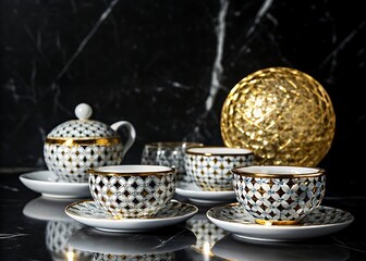 Elegant tea set with patterned cups, saucers, teapot, and decorative golden sphere