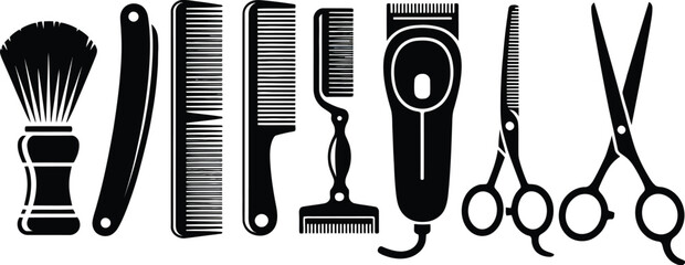 Barber tools in black silhouette, featuring a brush, razor, combs, clippers, and scissors.