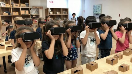 Young children wearing VR headsets in a classroom setting - Powered by Adobe