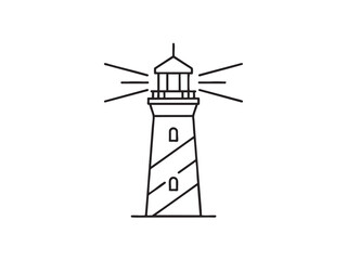 A minimalist black line art icon of a lighthouse with radiating light. This simple graphic represents navigation, safety, and coastal guidance