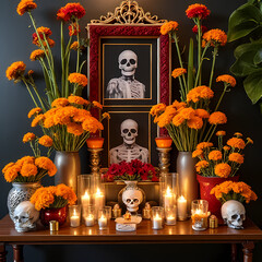 An altar decorated for Día de los Muertos with marigold flowers, sugar skulls, candles, and framed photos of ancestors