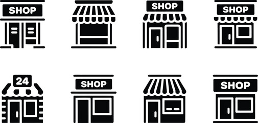 Eight shop icons showcase diverse storefront designs in a clean, modern, vector style.