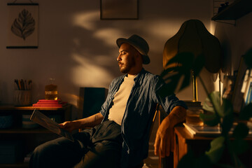 Man sitting in living room holding an album cover listening to music.