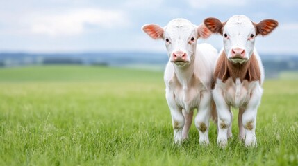 Two Playful Calves in a Lush Green Field Under a Cloudy Sky