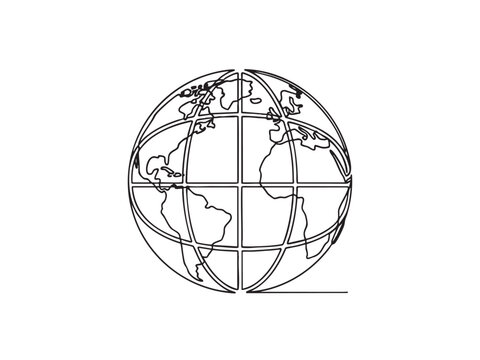 Isolated line art illustration of a world globe. Represents global business, travel, and awareness