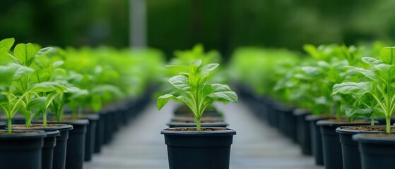 Green Plants in Black Pots Growing Vibrantly in a Greenhouse Environment