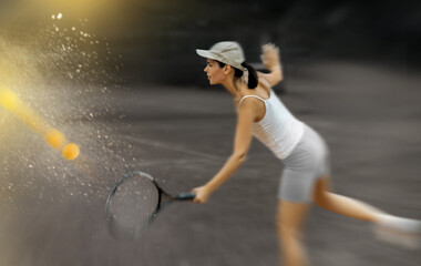 Portrait of concentrated sporty girl with tennis racquet and ball in her hands standing and ready...