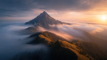 Sunrise Paints Majesty upon Mountain Peaks Emerging through Drifting Clouds and Morning Fog