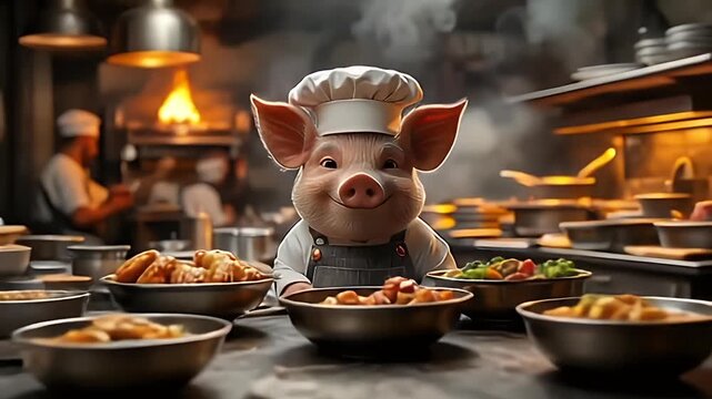 pig chef cooking in a kitchen