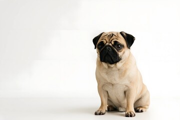 Obraz premium Pug Dog Sitting on White Background, Right-Aligned