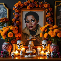 An altar decorated for Día de los Muertos with marigold flowers, sugar skulls, candles, and framed photos of ancestors