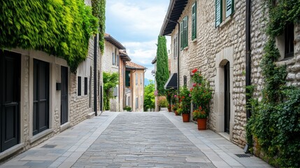 Charming Stone Street with Lush Greenery and Flower Pots in a Village