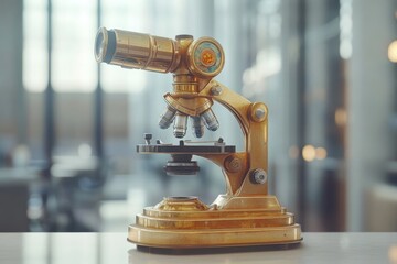 A vintage, golden microscope stands on a white table, highlighting scientific exploration with an antique aesthetic in front of an office backdrop.