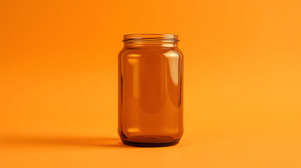 Captivating amber glass jar stands elegantly against an vibrant orange backdrop, ideal for showcasing food preservation and storage solutions with its sleek minimalist design and warm color palette.