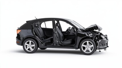 Naklejka premium Black Compact Car with Open Doors and Damage from a Collision Crash