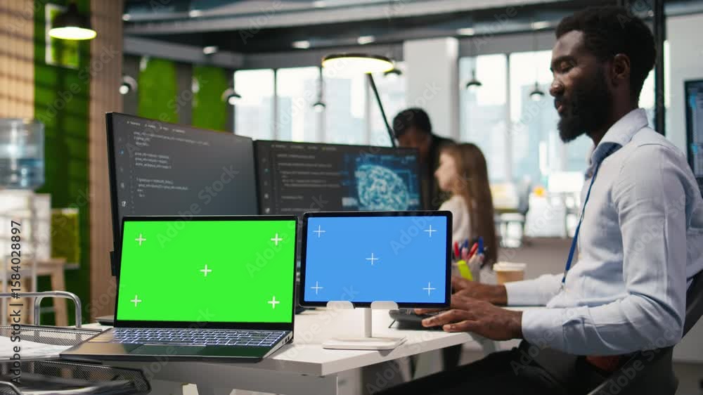 Poster software developer using ai on isolated screen laptop and tablet to optimize performance and forecas