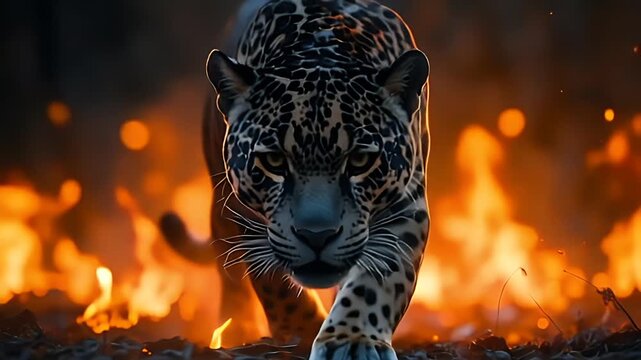 leopard with on fire forest background