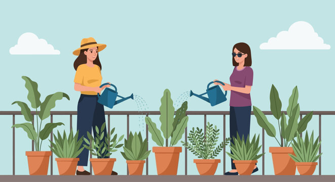 Celebrating National Girlfriend Day Watering Plants with Love and Care on a Sunny Day's National Holiday.