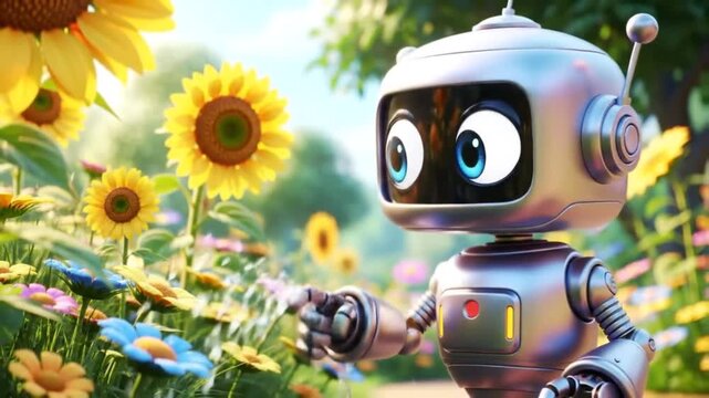 A charming robot stands amidst sunflowers with a bee flying nearby in a garden scene