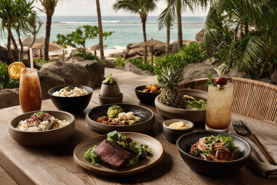 capture vibrant essence of hawaiian vibes showcasing feast of traditional local dishes and refreshing drinks