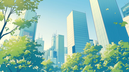 レトロポップなタッチで描かれた朝の都市風景イラスト｜1980年代のアニメを思わせる爽快感あふれるビル街と青空が、懐かしくも新鮮な感覚を呼び起こす幻想的な作品