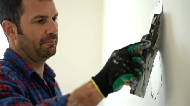 Man in plaid shirt smoothing plaster on a wall with a trowel wearing work gloves