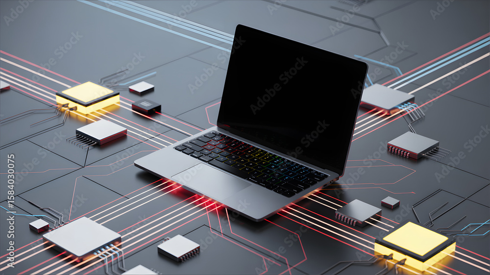 Poster futuristic laptop resting on a circuit board, surrounded by microchips and glowing lights, showcasin