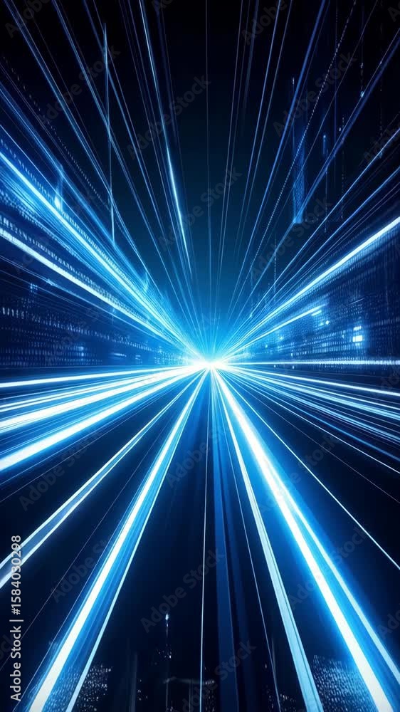 Poster abstract digital image depicting fast moving blue light trails disappearing into vanishing point wit