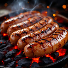 Barbecue: Sausages over Charcoal. Juicy Sausages with Grill Marks. Appetizing Grilled Sausages
