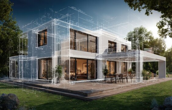 Modern house design with architectural plans overlaid (1)
