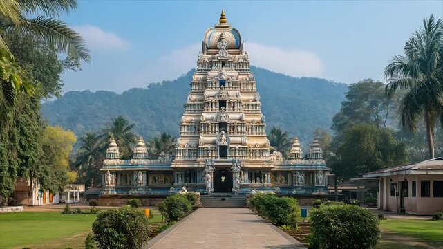 Multi-tiered temple, ornate facade, set against a mountain backdrop.  Lush green lawns and palm trees surround it