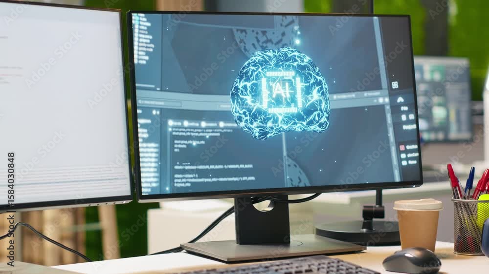 Poster close up of pc screen on startup office desk showing artificial intelligence programming languages. 