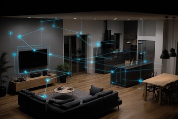 Smart home interior at night, illuminated by a network of interconnected devices